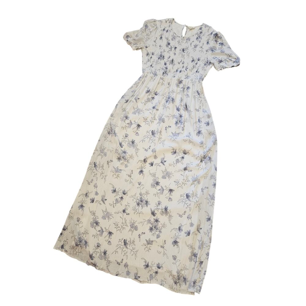 Orange creek smocked maxi dress medium blue floral cottage prairie whimsy tea